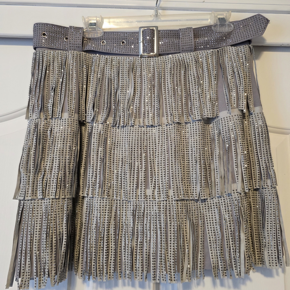 Southern Fried Chics Gray Fringe Mini Skirt